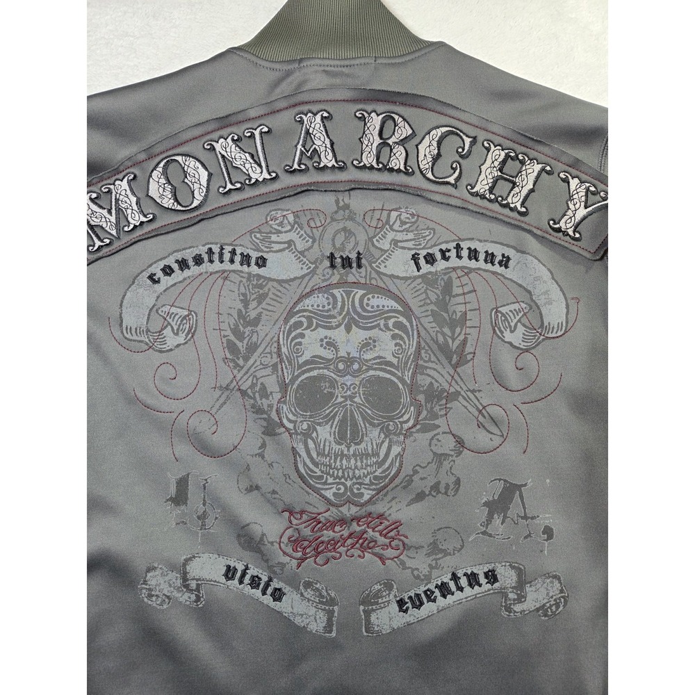 Monarchy Skull Track Jacket Mens Large Embroidered Graphic Moto Streetwear Y2K - Picture 2 of 12